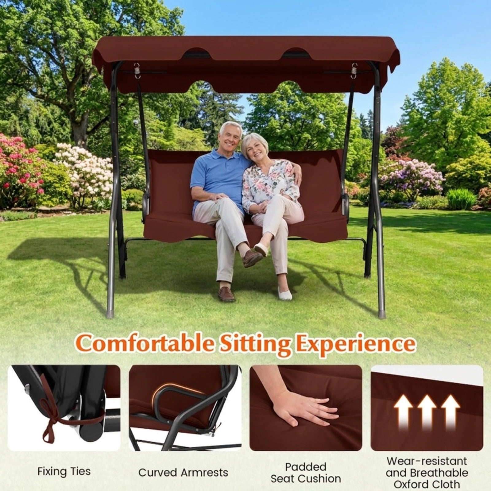 Biotree 3 Seat Outdoor Patio Canopy Swing with Cushioned Steel Frame for Patio Porch Garden Backyard Outdoor, Brown