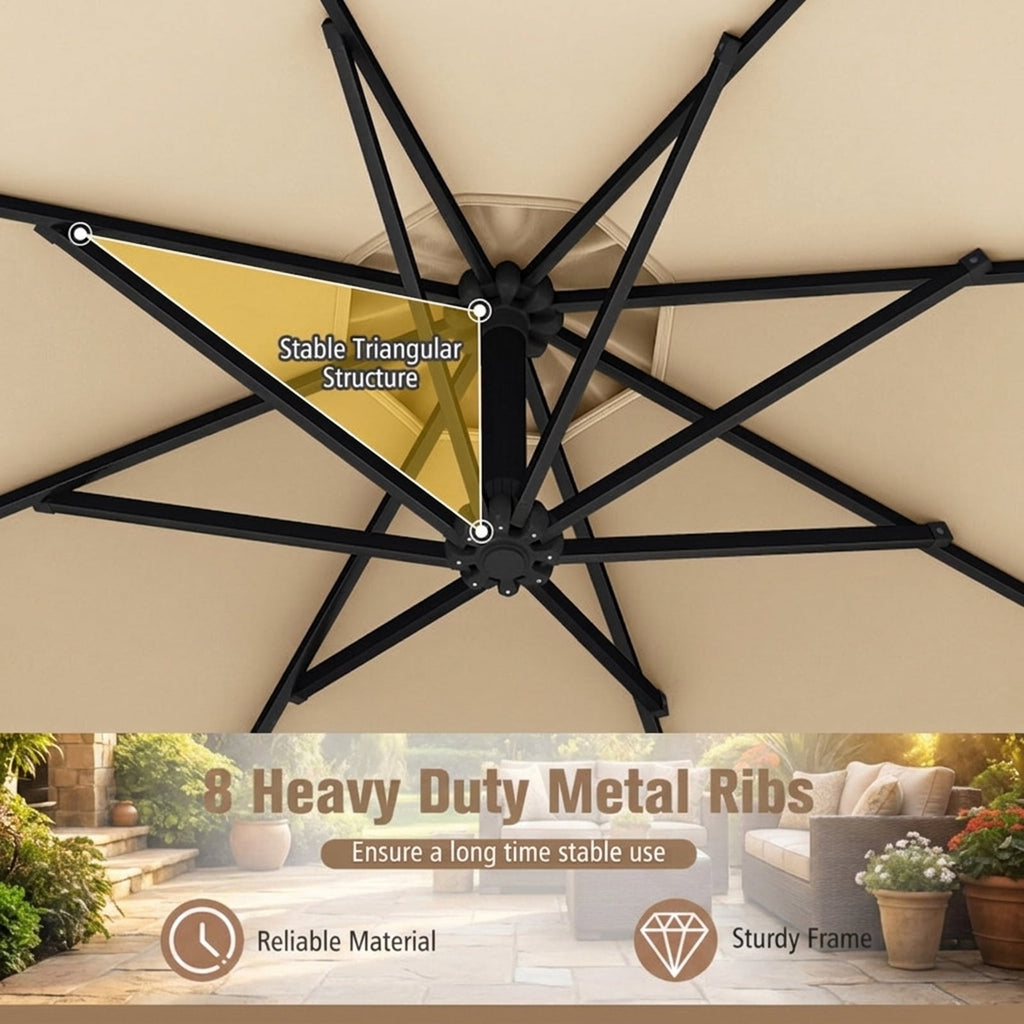 Biotree 10 ft Cantilever Patio Umbrella Offset Hanging with Cross Base, 8 Ribs - Beige for Backyard Garden Poolside