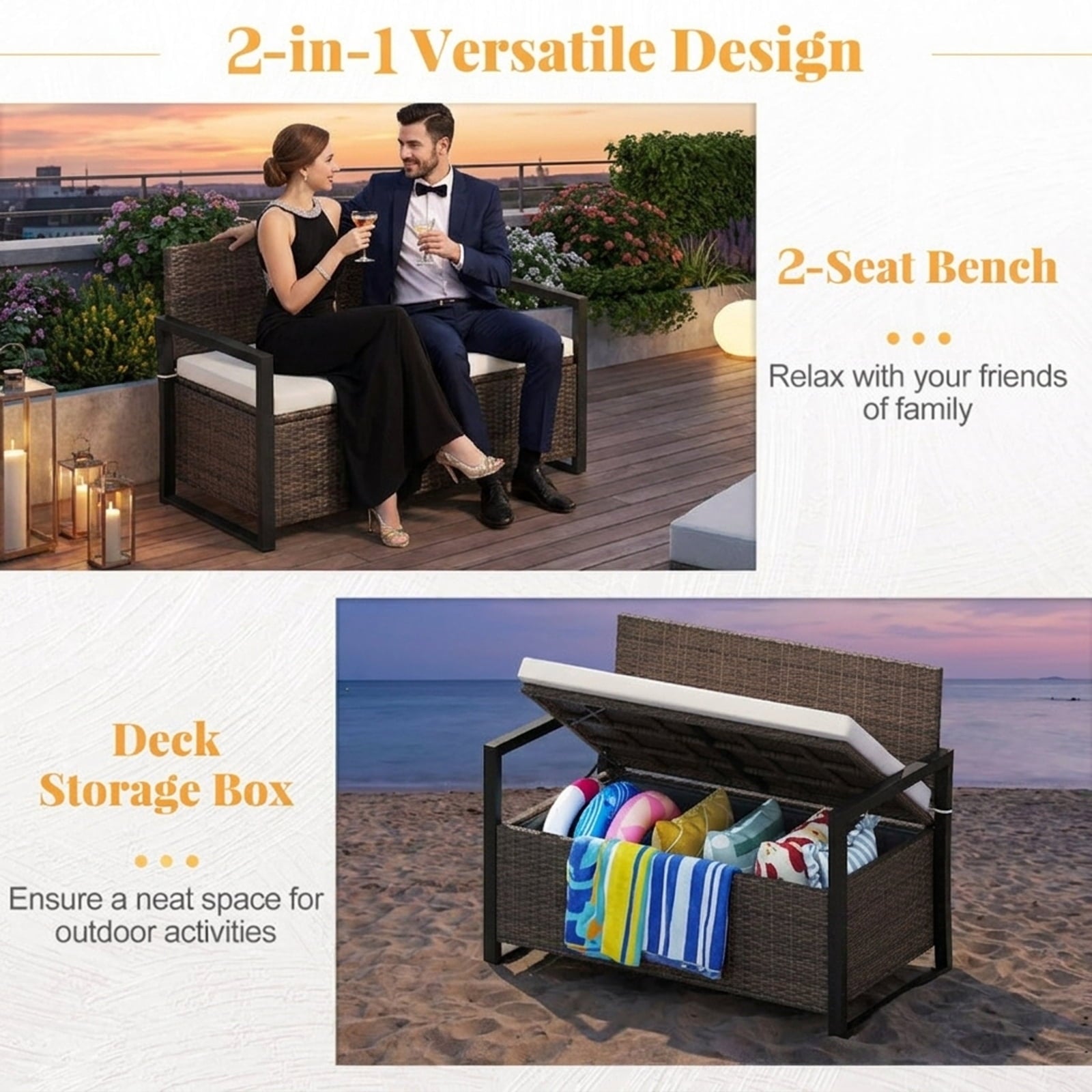 Biotree Patio Storage Bench Outdoor Waterproof for Patio Deck Garden Cushions, Brown