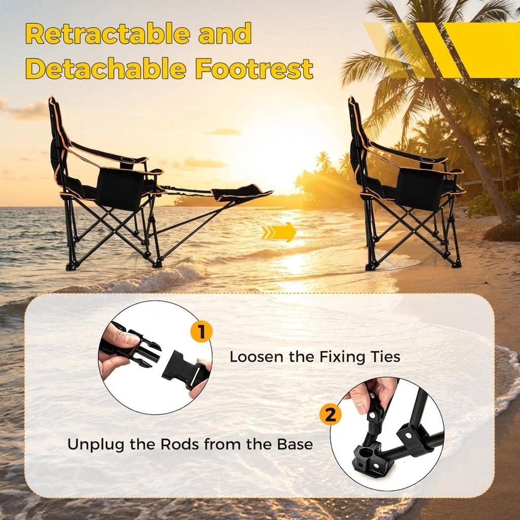 Biotree Reclining Folding Camp Chair with Retractable Footrest and Cooler Bag 2-Position Adjustable Lounge Chair for Outdoor, Black