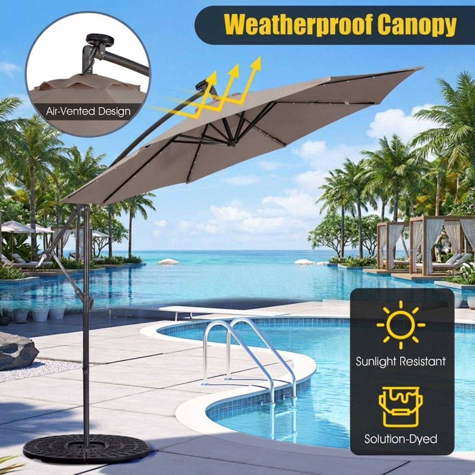 Biotree 10 ft Cantilever Offset Patio Umbrella Solar Powered Outdoor Shade - Brown - UV Protection with Cross Base