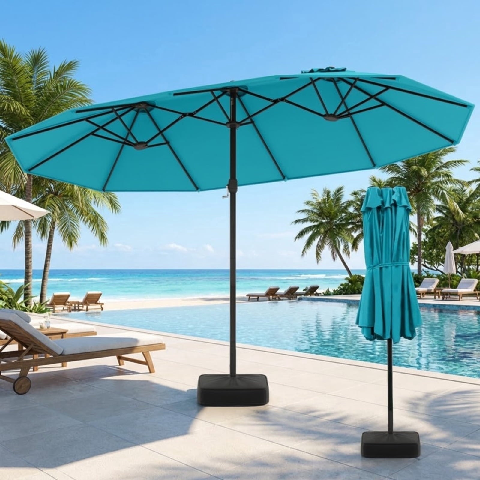 Biotree 15 Feet Double-Sided Twin Patio Umbrella with Crank and Base-Turquoise Beige Brown Blue Grey Orange Red Turquoise Black