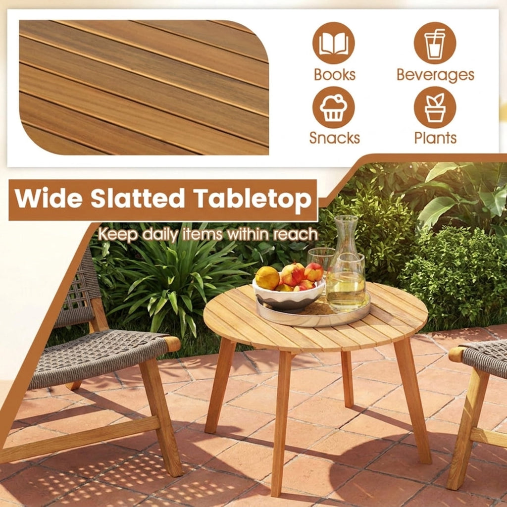 Biotree Round Outdoor Acacia Wood Side Table with Slatted Tabletop, Natural