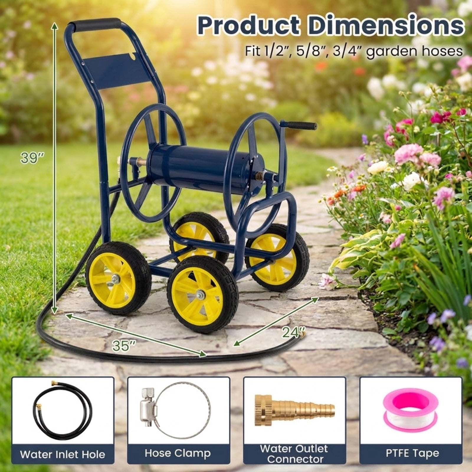 Biotree Garden Hose Reel Cart 4 Wheels Heavy-Duty Metal Water Hose Organizer Portable for Garden Yard Lawn Watering Outdoor, Blue