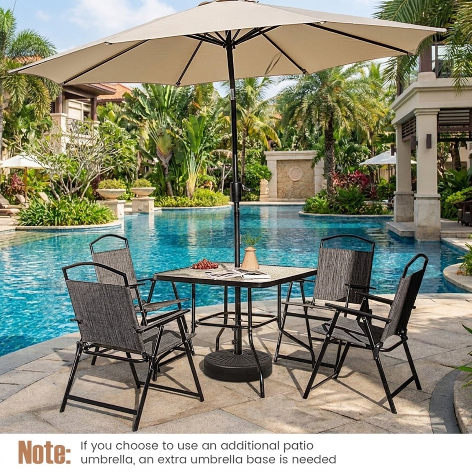 Biotree 34 Inch Outdoor Dining Table Square Tempered Glass Table with 1.5 Inch Umbrella Hole, Gray