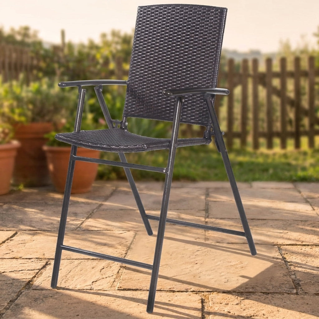 Biotree Set of 4 Folding Bar Chairs PE Wicker Outdoor Indoor Folding Bar Stools with Footrests and Armrests, Brown