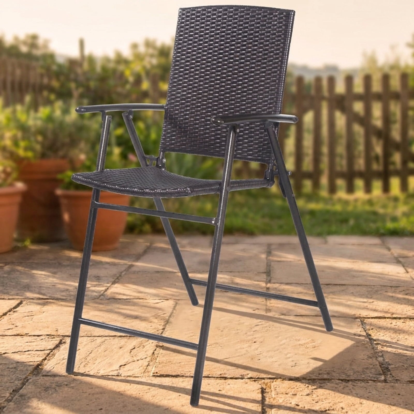 Biotree Set of 4 Folding Bar Chairs PE Wicker Outdoor Indoor Folding Bar Stools with Footrests and Armrests, Brown
