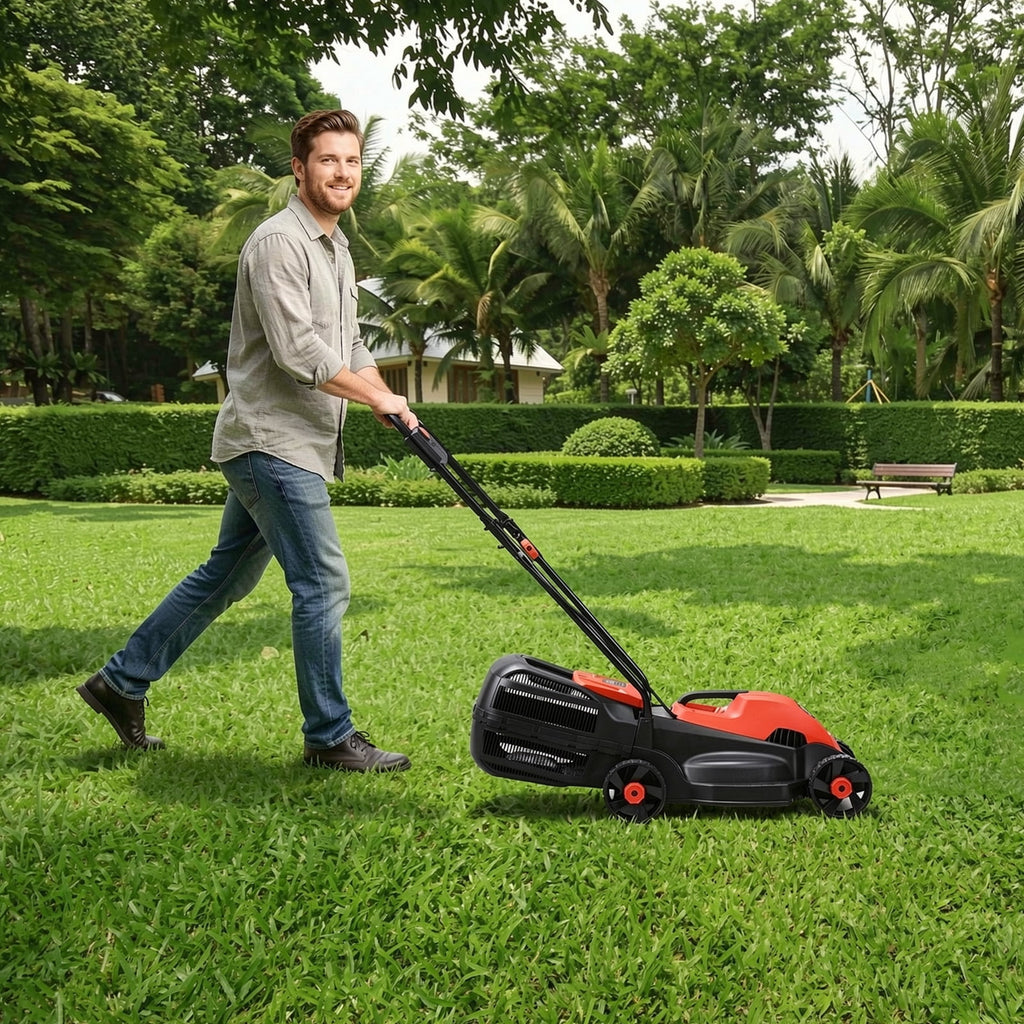 Biotree 13 Inch Electric Push Lawn Corded Mower with Grass Bag-Red Eco-Friendly Yard Lawn Care Garden