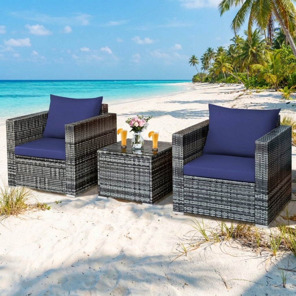 Biotree 3 Pcs Patio Rattan Furniture Bistro Sofa Set with Cushioned Outdoor Conversation Set for Garden Backyard PorchNavy