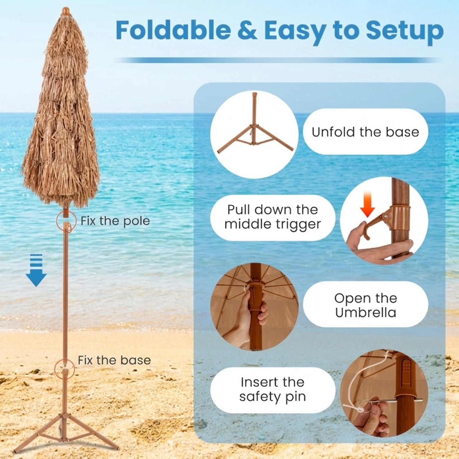 Biotree 6 ft Thatched Tiki Patio Umbrella Crank Tilt Outdoor Shade - Natural - UV Protection with Cross Base