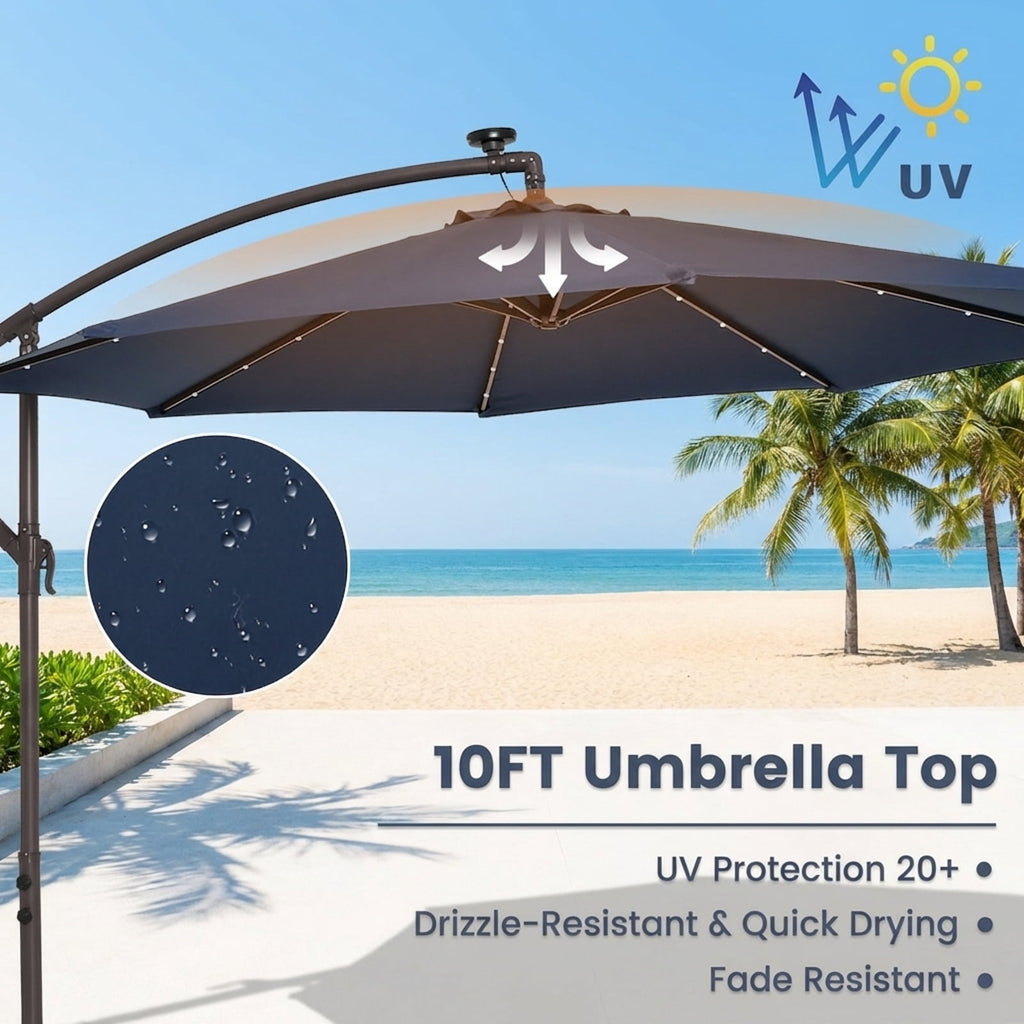 Biotree 10 Feet Cantilever Umbrella with 32 LED Lights and Solar Panel Batteries-Navy Outdoor Backyard