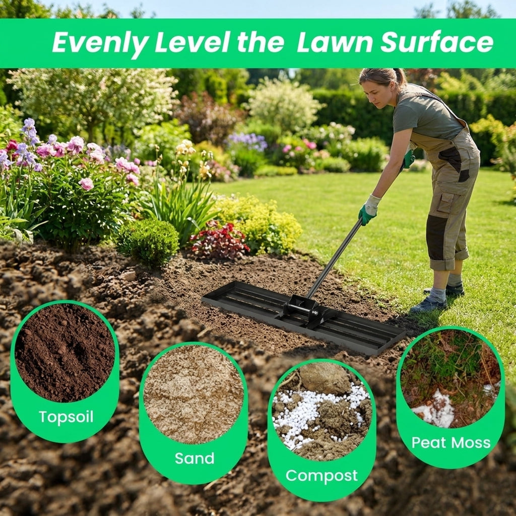 Biotree 36 x 10 Inch Lawn Leveling Rake with Ergonomic Handle for Lawn Garden Yard Soil Care, Black