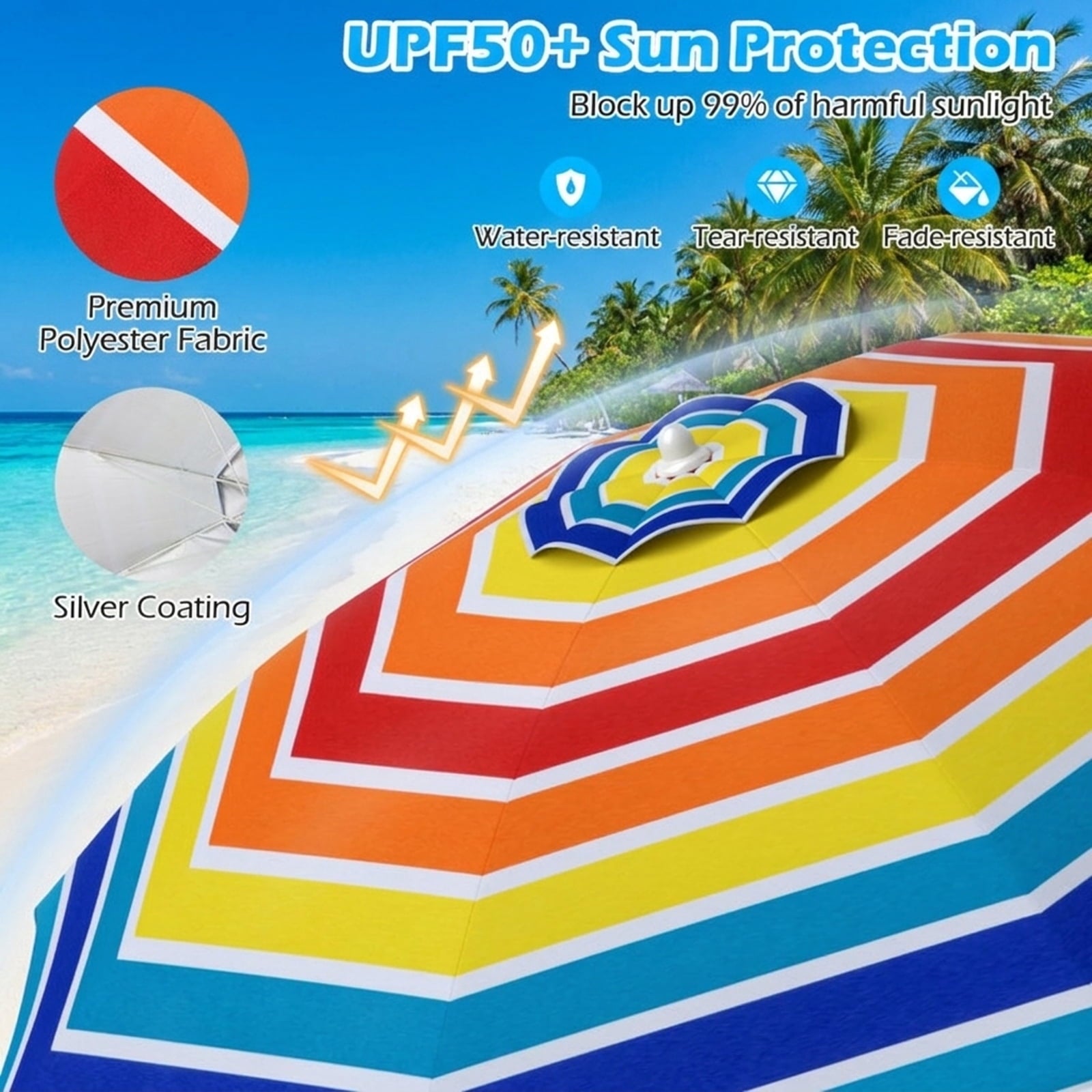 Biotree 6.5 ft Portable Beach Umbrella with Carrying Bag, 6 Ribs, Sand Tilt Mechanism - Multicolor for Backyard