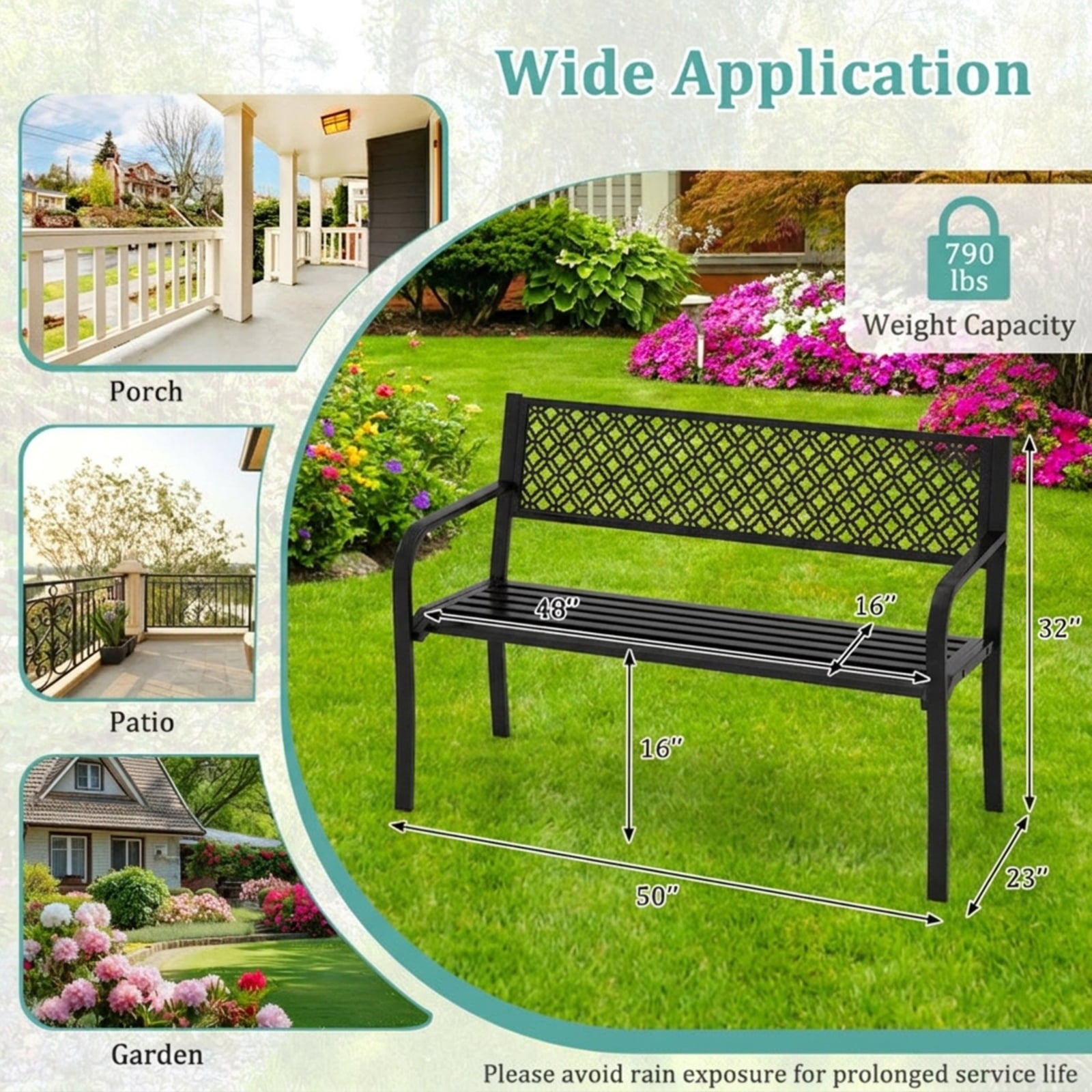 Biotree 50 Inches Outdoor Garden Bench with Geometric Lattice Backrest and Slatted Seat Stackable Patio Chair for Garden BackyardBlack