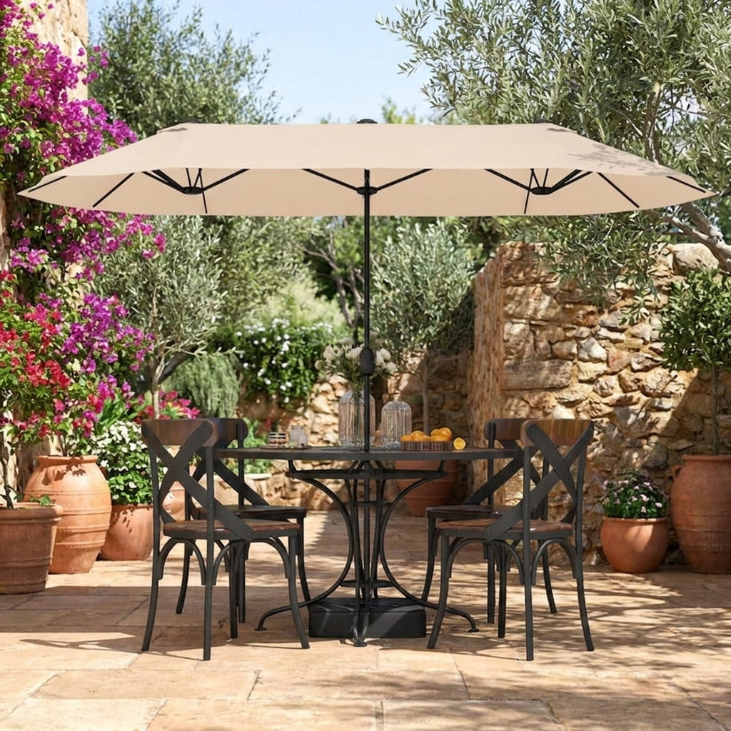 Biotree 13 ft Double-Sided Twin Patio Umbrella Crank Tilt Outdoor Shade - Beige - UV Protection with Cross Base
