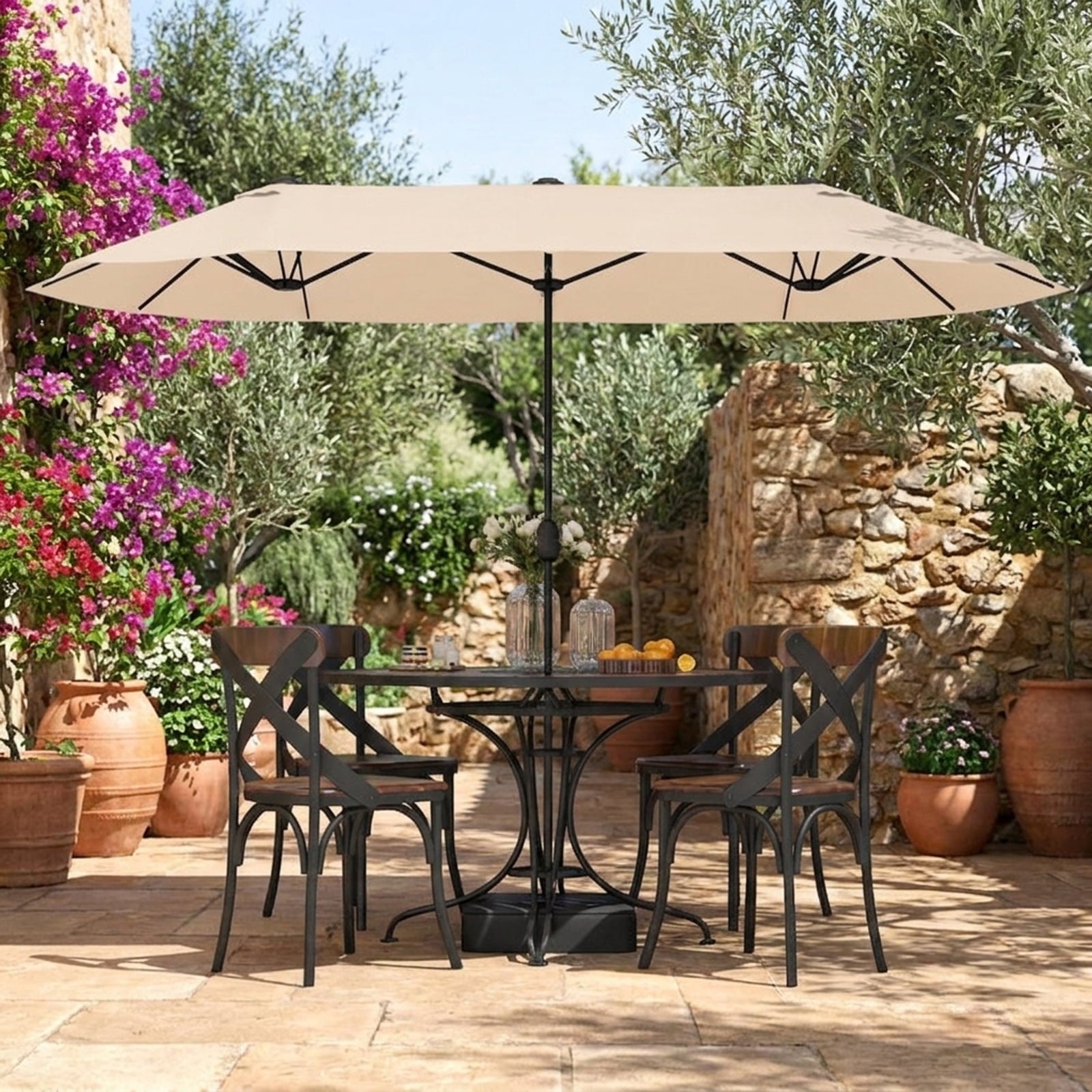 Biotree 13 ft Double-Sided Twin Patio Umbrella Crank Tilt Outdoor Shade - Beige - UV Protection with Cross Base