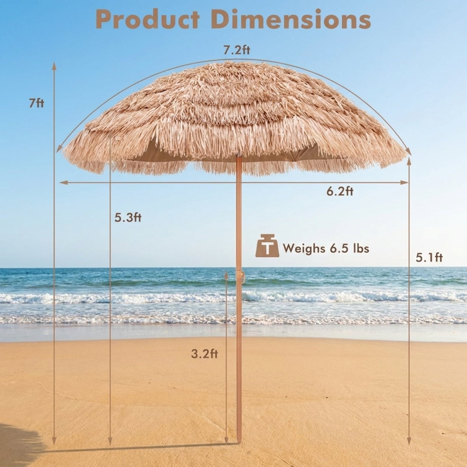 Biotree 7 ft Thatched Tiki Patio Umbrella Crank Tilt Outdoor Shade - Natural - UV Protection with Cross Base