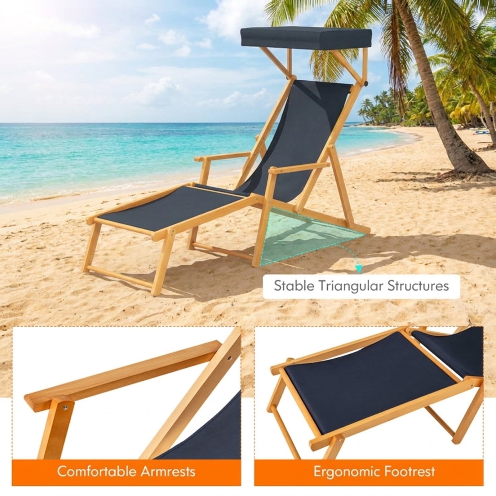 Biotree Birch Wood Chaise Lounge Chair Foldable Beach Chair with Adjustable Canopy Stackable Patio Chair for Garden BackyardNavy