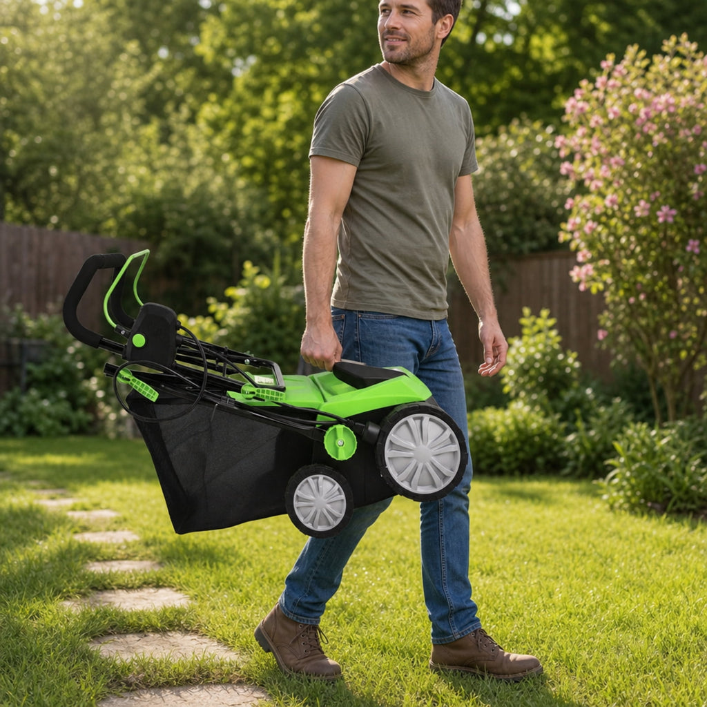 Biotree 15" 13 Amp Electric Lawn Dethatcher Scarifier, Corded Lawn Rake with 4-Position Height Adjustment, Removable Blades and 50L Collection Bag for Lawn Care Yard Renovation Green