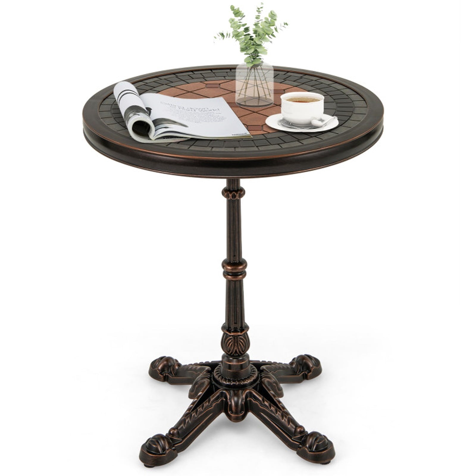 Biotree 24" Round Patio Dining Table Weather-resistant Cast Aluminum Table, Walnut