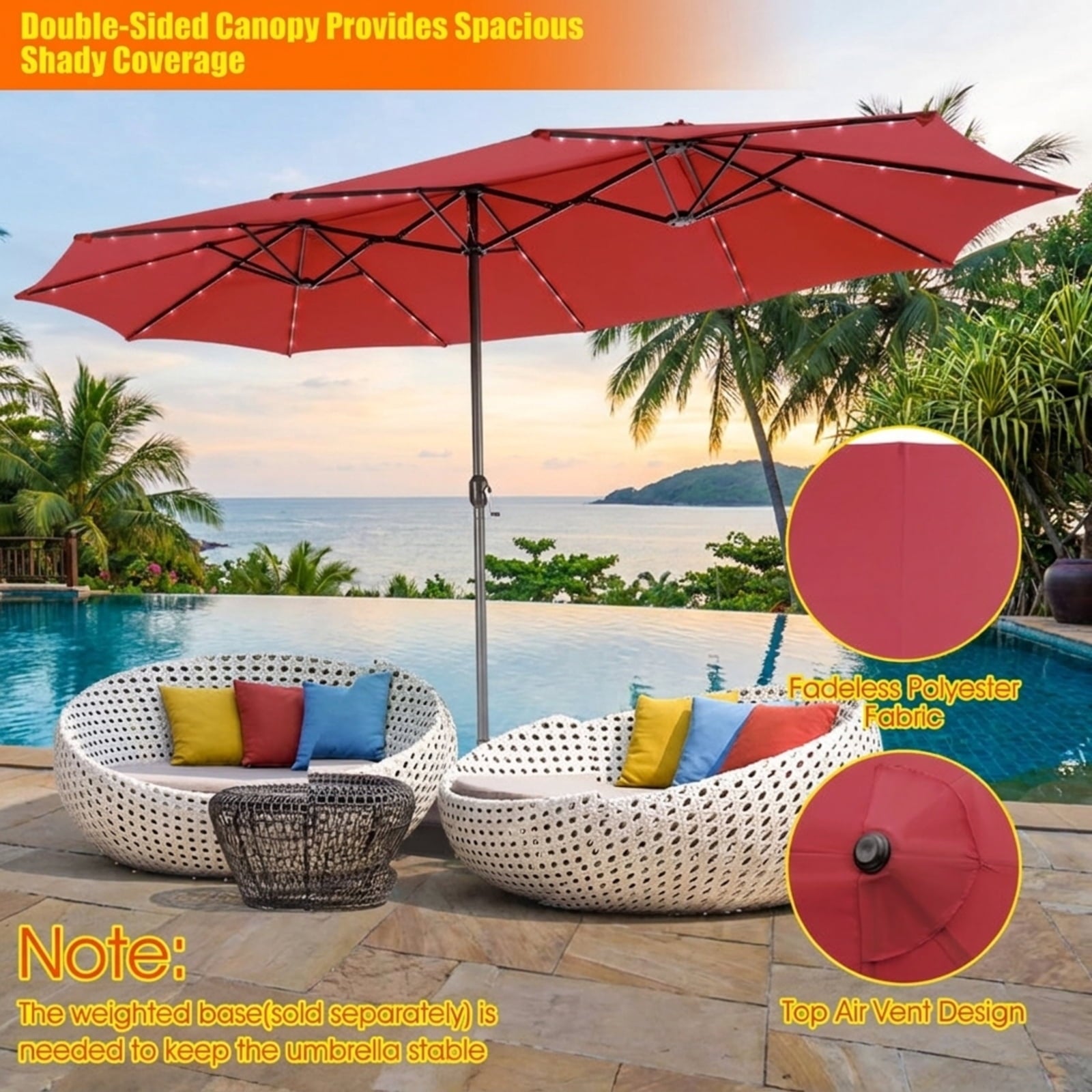Biotree 15 FT Patio Umbrella, Twin Patio Umbrella with 48 Solar LED Lights for Patio Garden Backyard Pool, Dark Red
