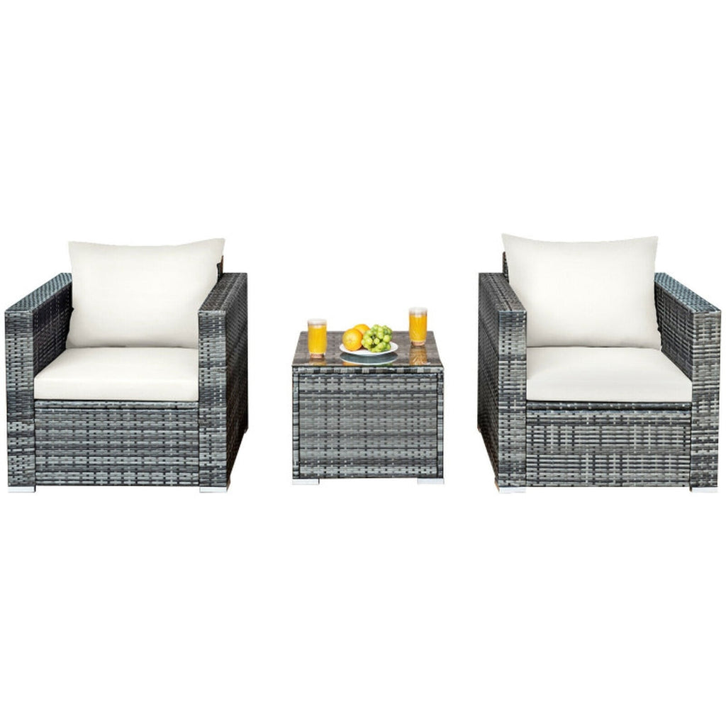 Biotree 3 Pcs Patio Rattan Furniture Bistro Sofa Set with Cushioned Outdoor Conversation Set for Garden Backyard PorchWhite