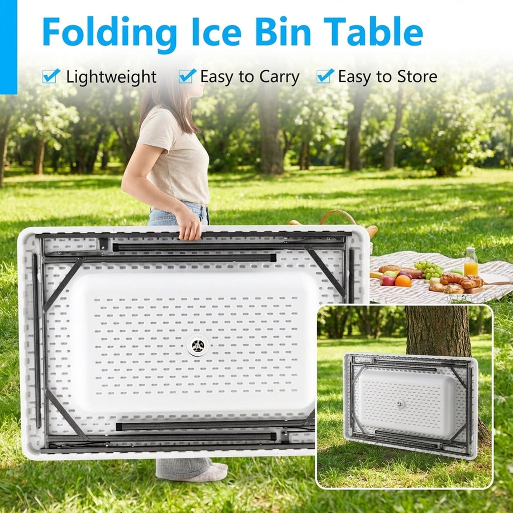 Biotree 4 Feet Folding Ice Bin Table with Skirt for Camping Picnic Wedding Portable Ice Cooler Party Table, White