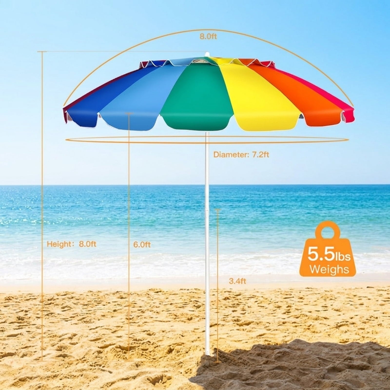Biotree 8.0 ft Portable Beach Umbrella with Carrying Bag, 16 Ribs, Sand Tilt Mechanism - Multicolor for Backyard