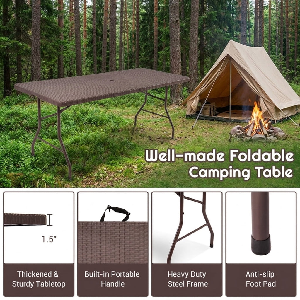 Biotree 6 Feet Folding Portable Rattan Table with Carrying Handle, Brown