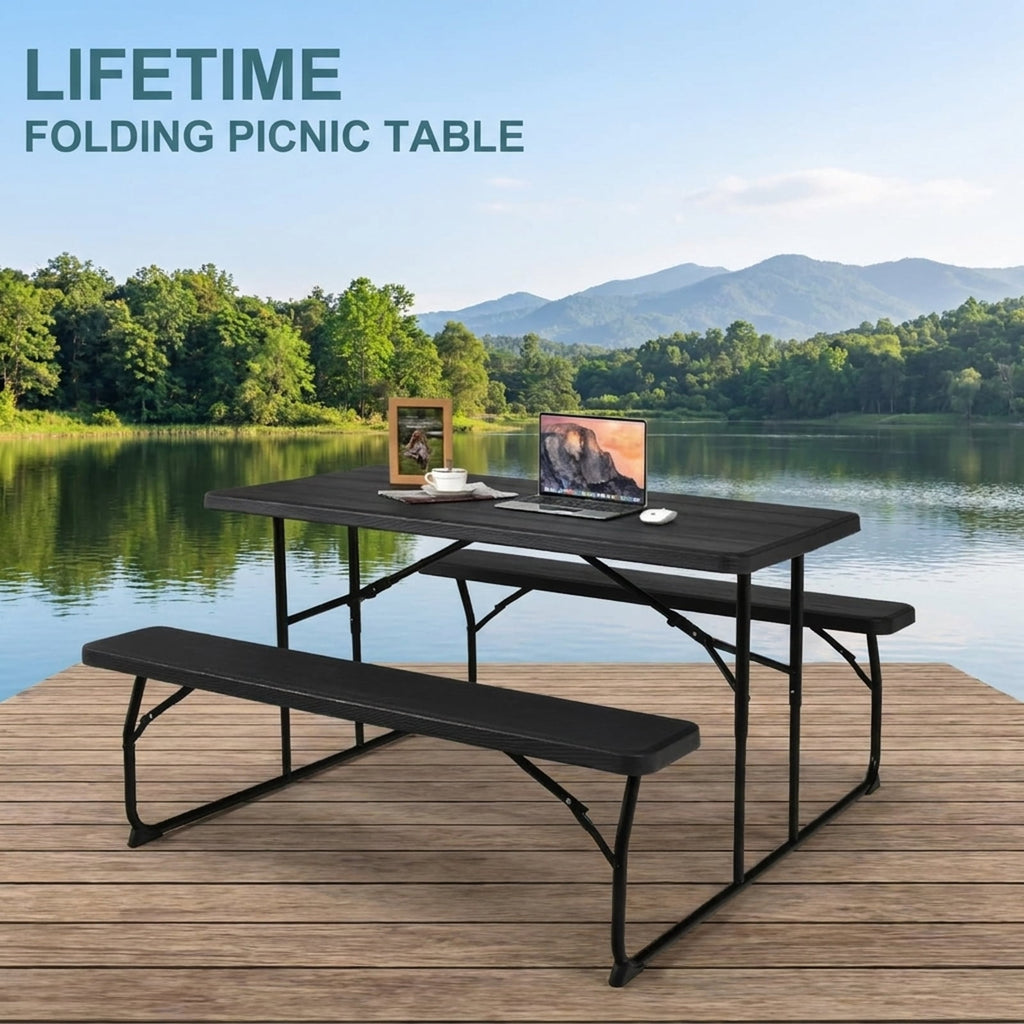 Biotree Indoor and Outdoor Folding Picnic Table Bench Set with Wood-like Texture, Black