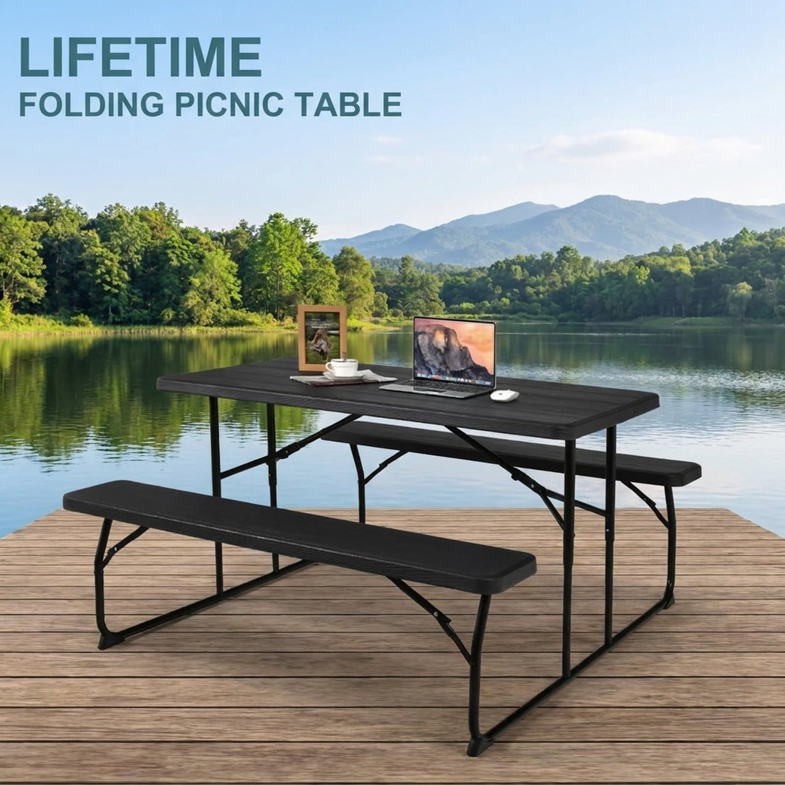 Biotree Indoor and Outdoor Folding Picnic Table Bench Set with Wood-like Texture, Black