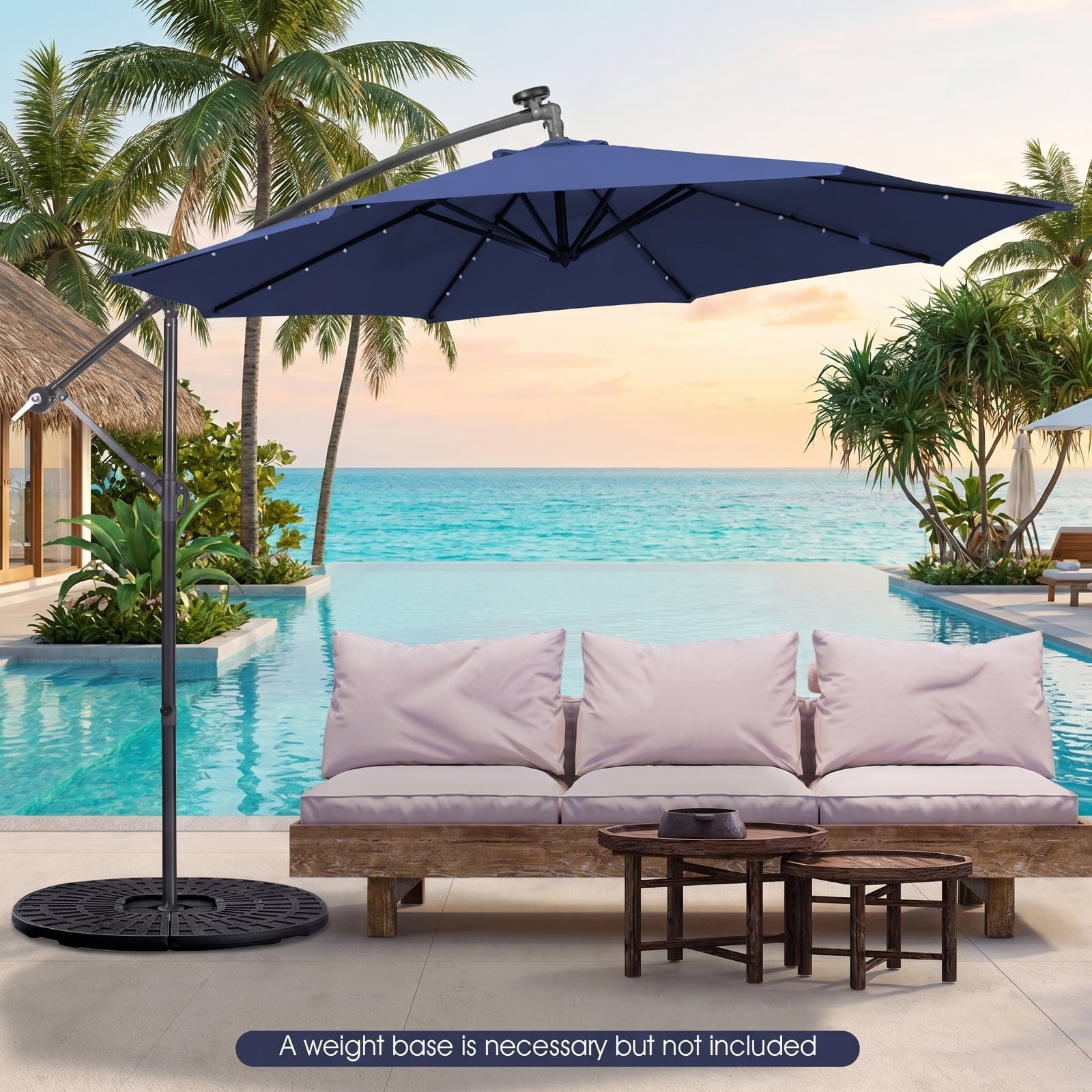 Biotree 10 ft Cantilever Offset Patio Umbrella Solar Powered Outdoor Shade - Blue - UV Protection with Cross Base