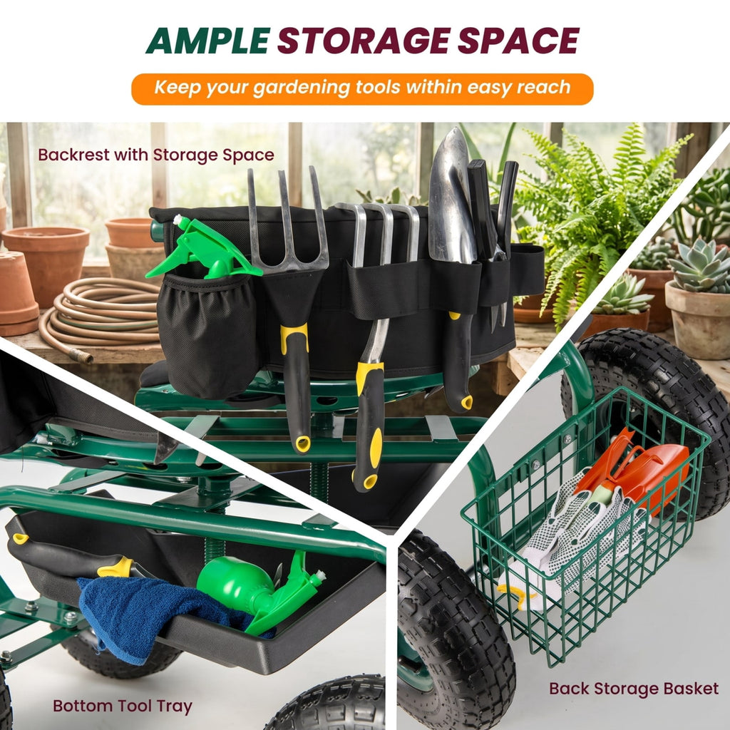 Biotree 330lbs Rolling Garden Cart with 360¡ã Height Adjustable Swivel Seat, Garden Scooter with Storage Basket, Tool Tray for Weeding Planting Gardening Green