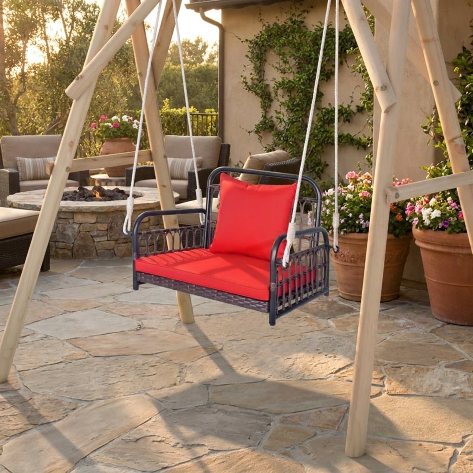 Biotree Patio Rattan Porch Swing Hammock Chair with Seat Cushion for Patio Porch Garden Backyard Outdoor, Red