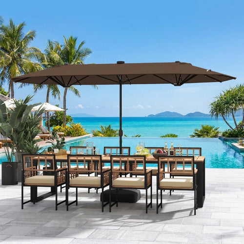 Biotree 13 ft Double-Sided Twin Patio Umbrella Solar Powered Outdoor Shade - Brown - UV Protection with Cross Base