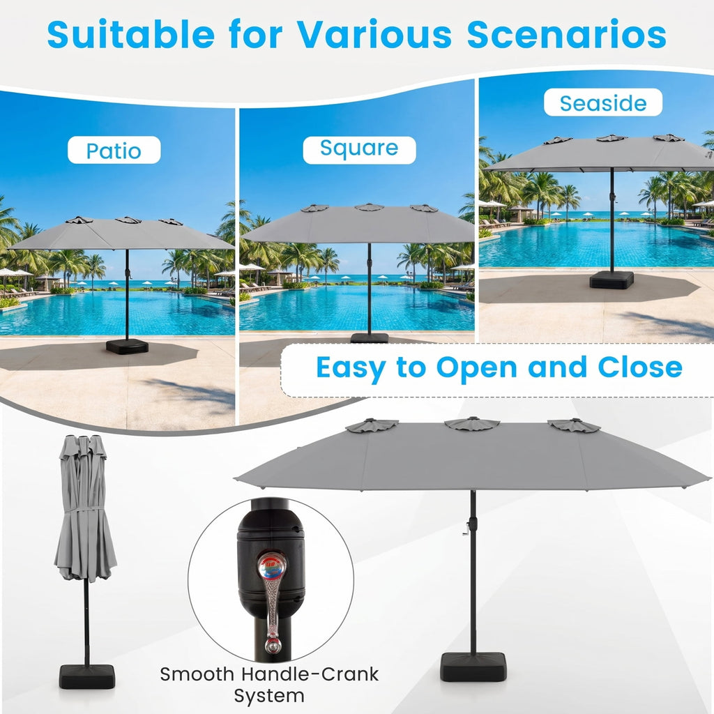 Biotree 15 ft Double-Sided Twin Patio Umbrella Crank Tilt Outdoor Shade - Gray - UV Protection with Cross Base