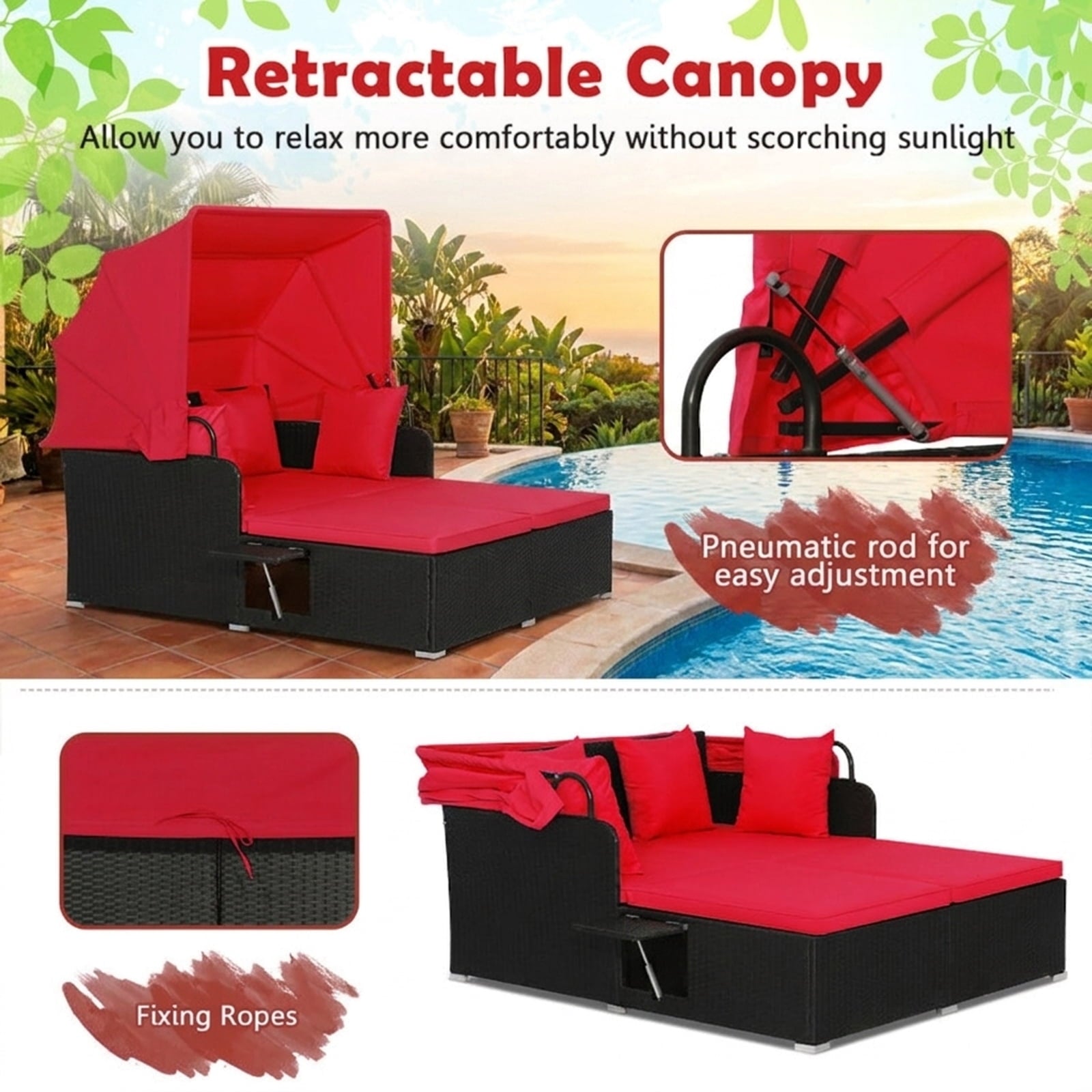 Biotree Patio Rattan Daybed with Retractable Canopy and Side Tables Outdoor Conversation Set for Garden Backyard PorchRed