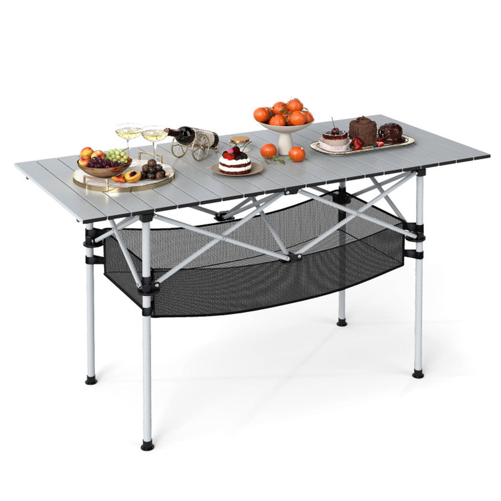 Biotree Patio Folding Camping Table with Roll up Tabletop and Mesh Basket, Silver