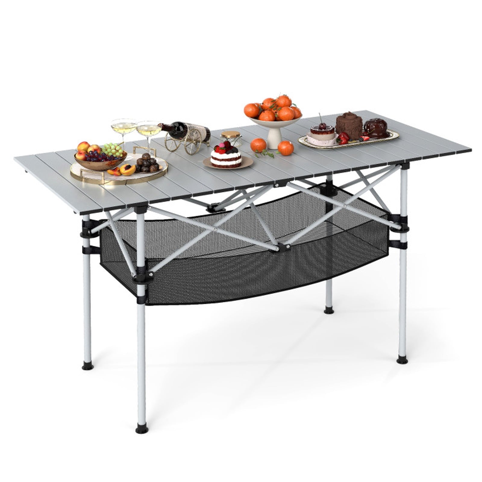 Biotree Patio Folding Camping Table with Roll up Tabletop and Mesh Basket, Silver