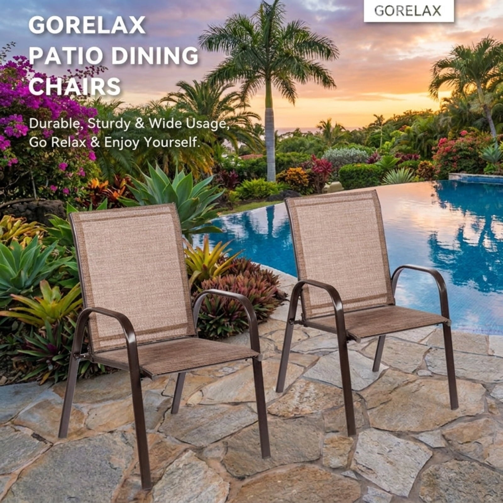 Biotree 2 Pcs Patio Chairs Outdoor Dining Chair with Armrest Stackable Patio Chair for Garden BackyardBrown