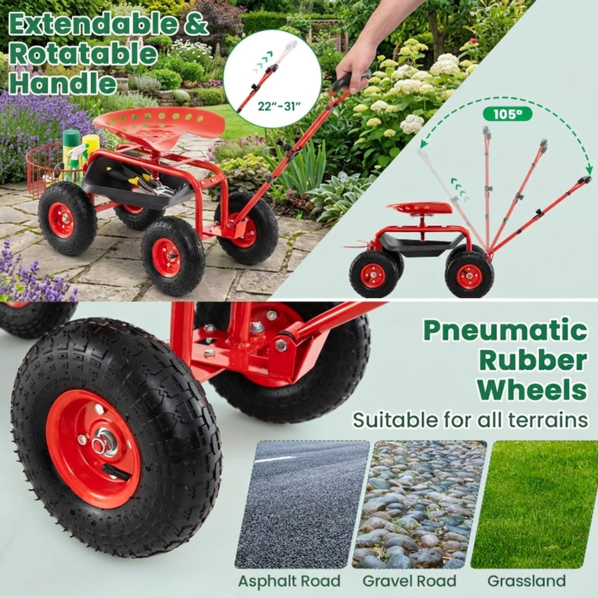 Biotree Rolling Garden Cart with 360¡ã Swivel Seat, Height Adjustable Garden Scooter, Heavy Duty Yard Cart with Tool Tray and Storage Basket for Gardening Weeding Yard Work Red
