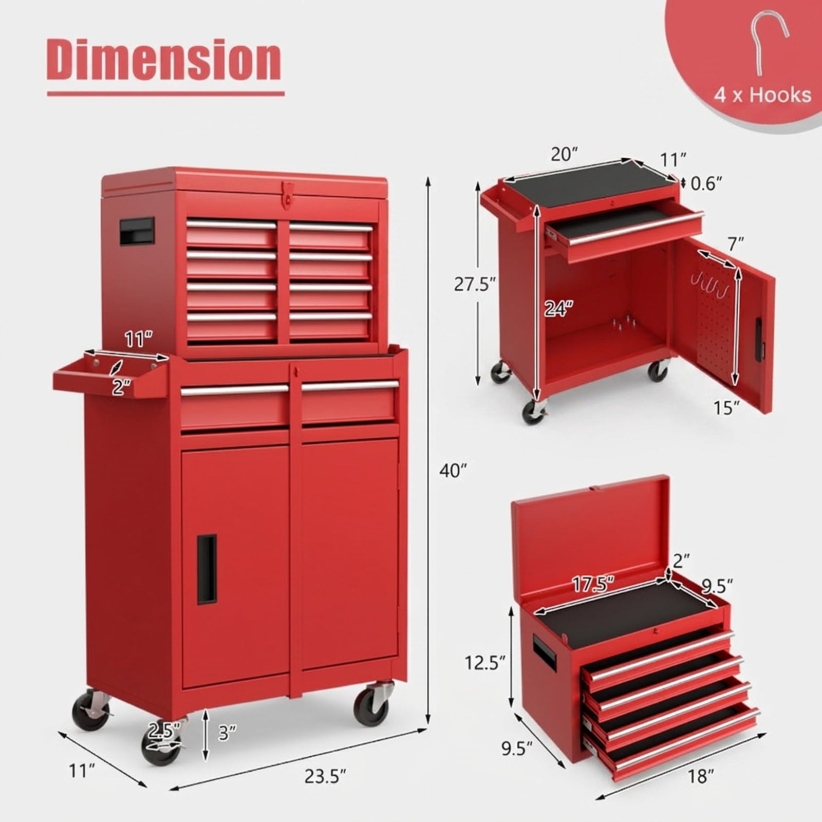 Biotree 2-in-1 Tool Chest and Cabinet with 5 Sliding Drawers Outdoor Waterproof for Patio Deck Garden Cushions, Red