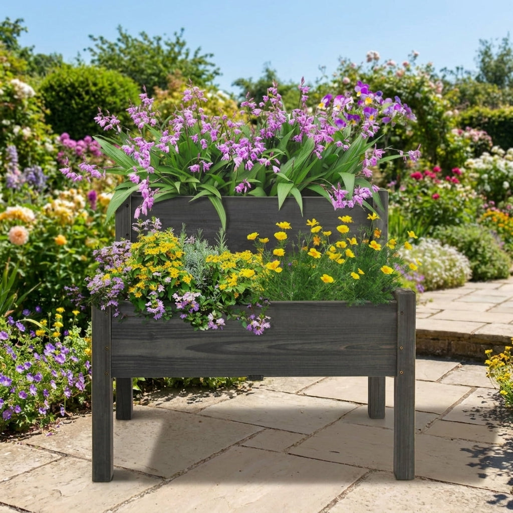 Biotree 2 Tier Wooden Raised Garden Bed with Legs Drain Holes, 34x33.5x28.5 Inch Stacked Fir Wood Elevated Planter Box for Vegetables Flowers Herbs, Gray
