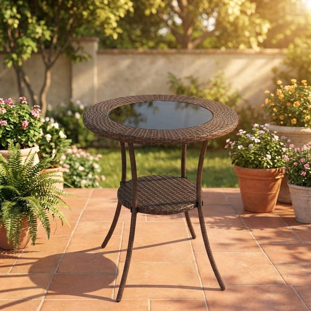 Biotree 25.5-Inch PE Wicker Patio Bistro Table Round with Tempered Glass Top and Shelf, Black
