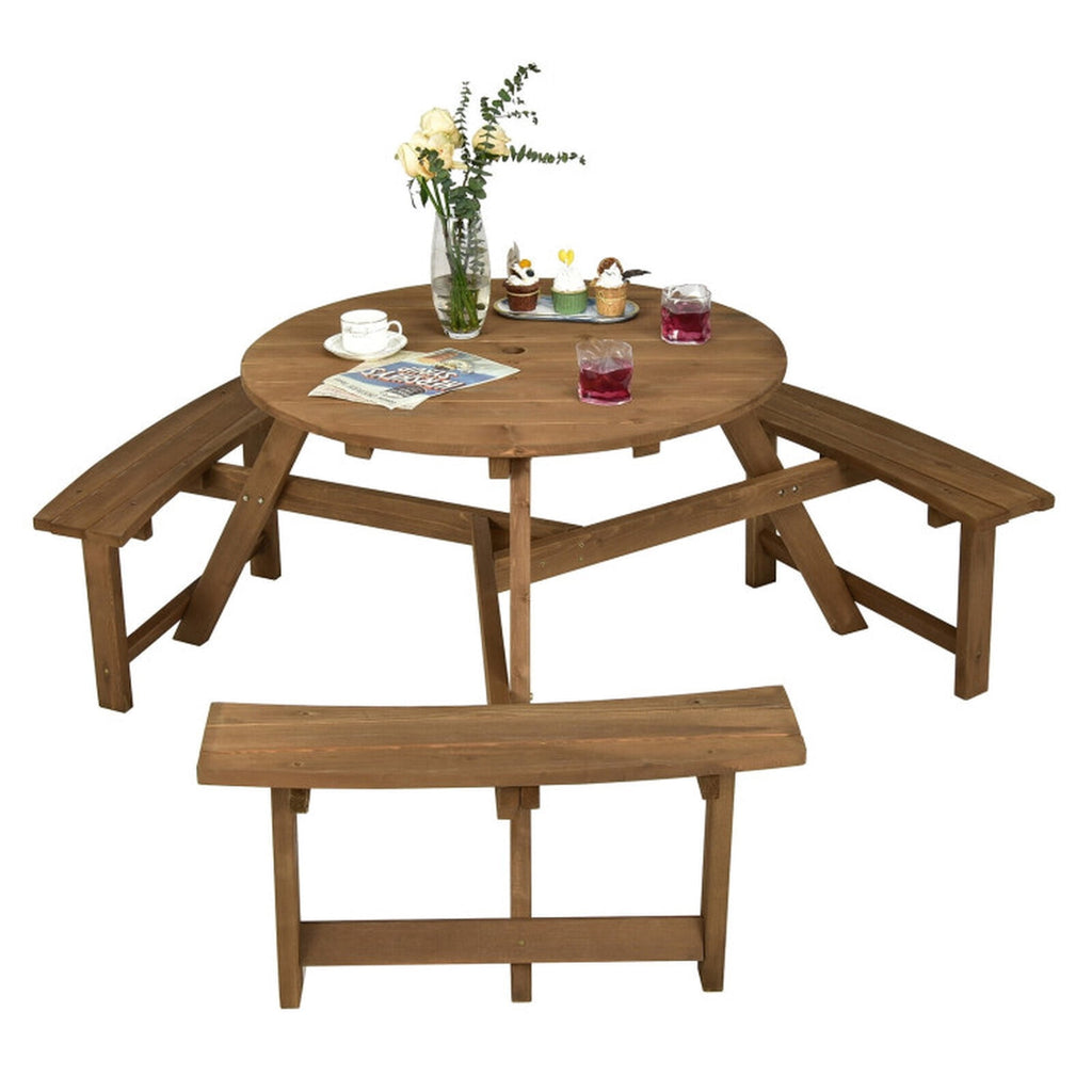 Biotree 65-Inch 6-person Round Wooden Picnic Table with Umbrella Hole and 3 Built-in Benches, Tan