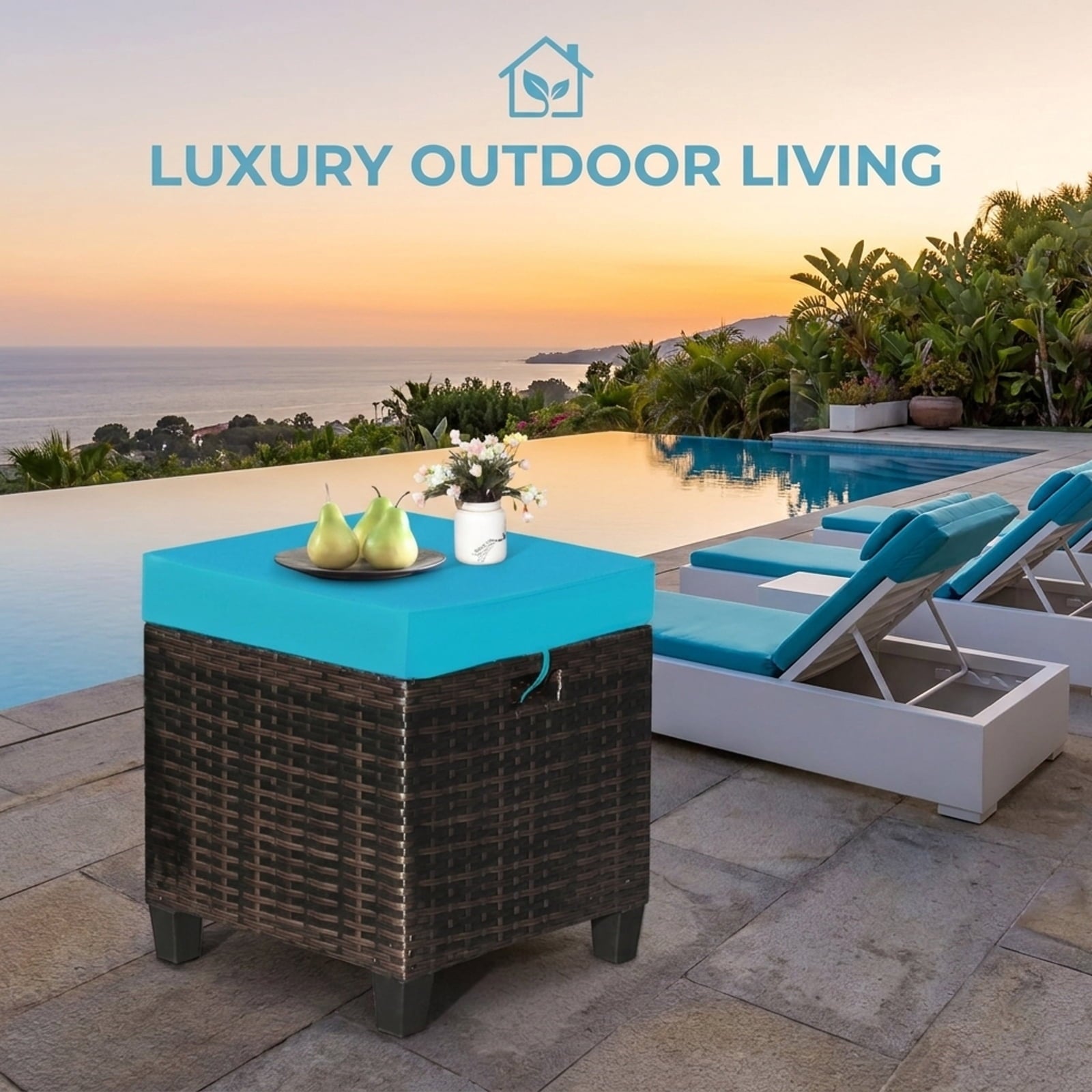Biotree 2 Pieces Patio Rattan Ottoman Set with Removable Cushions Stackable Patio Chair for Garden BackyardTurquoise