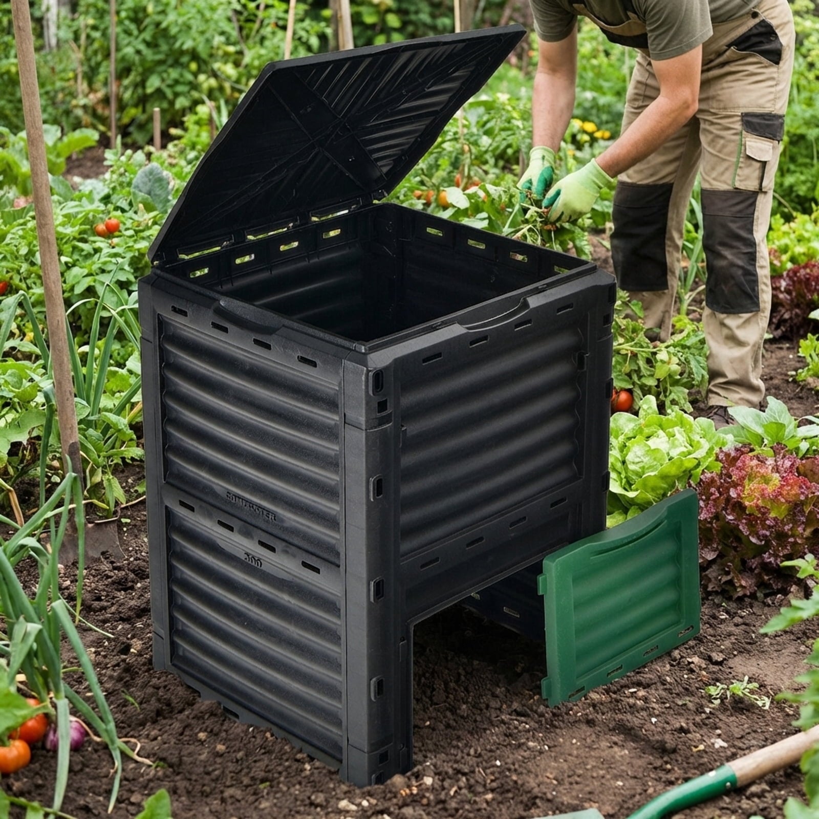 Biotree 80-Gallon Outdoor Composter with Large Openable Lid and Bottom Exit Door-Green Garden Organic