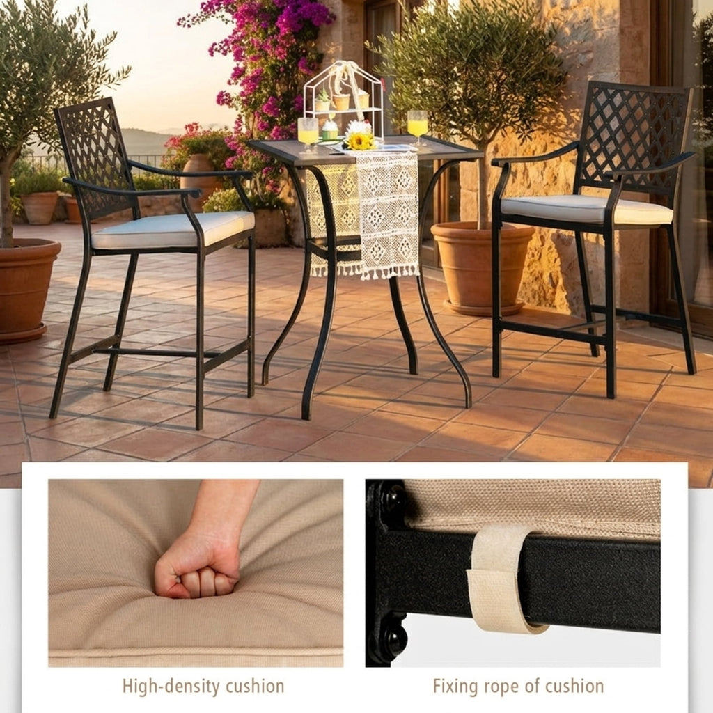 Biotree Set of 2 Patio Bar Stools with Cushioned Seat and Armrests, Black - Outdoor Patio Bar Height Chair with Footrest