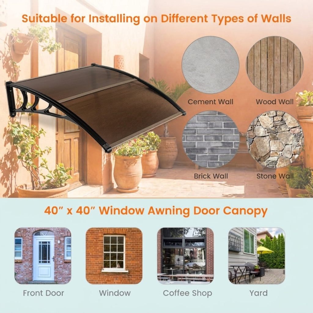 Biotree Outdoor Front Door Patio Overhang Awning for Sunlight Rain Snow Wind Protection-40 x 40 Inch for Patio Deck Door Window Sun Rain Protection, Coffee