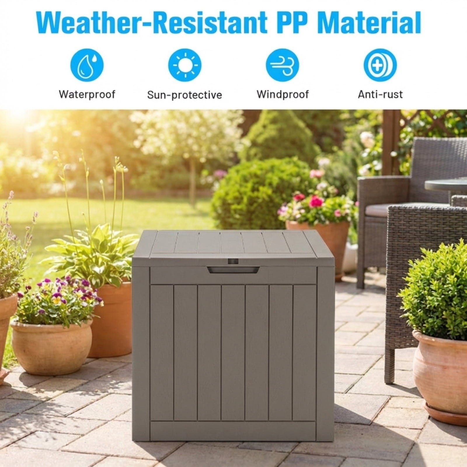 Biotree 30 Gallon Deck Box Storage Container Outdoor Patio Bench with Lid for Seating Tools Pool, Weatherproof PP Storage Box for Garden Backyard Deck Porch, Light Brown